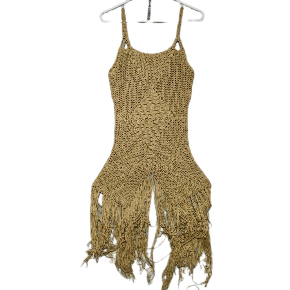 Love Sense Crochet Mini Dress Women Large Tan Fringe Boho Festival Hipster